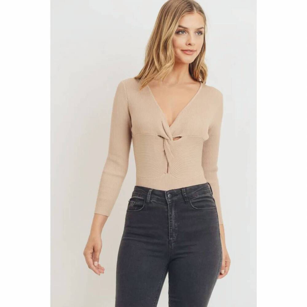 NEW SWEET RAIN twist front knit bodysuit in beige